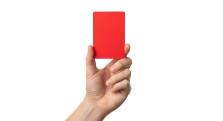 Hand holding a vibrant red card isolated on transparent background