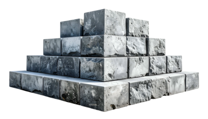 A geometric stone structure resembling a truncated pyramid, constructed from rough-hewn blocks