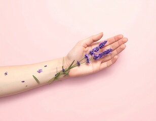 Arm with lavender sprig against a blush pink backdrop