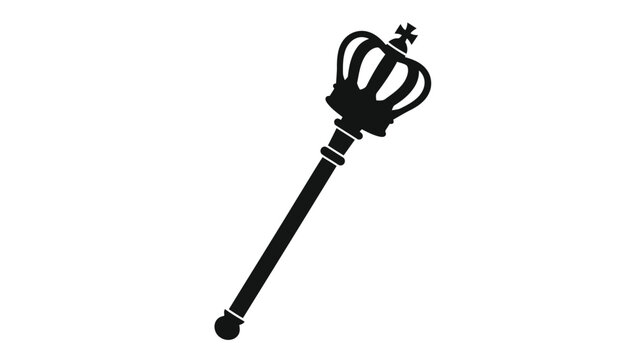 Black silhouette of a scepter with crown and cross isolated on white background