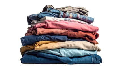 A towering stack of neatly folded clothing in various colors, isolated on black