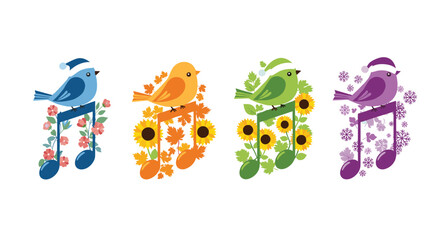 A vibrant collection of four cute birds, each representing a season and sitting on a music note decorated with themed natural elements.