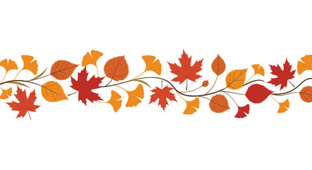 Seamless horizontal border of vibrant autumn leaves, featuring maple, ginkgo, and birch in warm red, orange, and yellow tones on a white background.