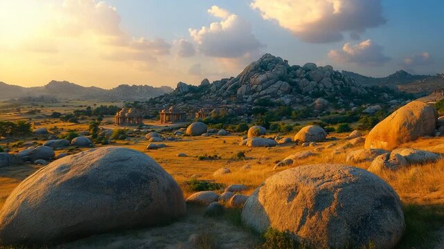 golden sandstone boulder ruins of hampi karnataka india video