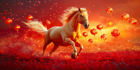 Golden steed gallops through festive chinese new year celebration, with tangerine lanterns and a dazzling firework spectacle