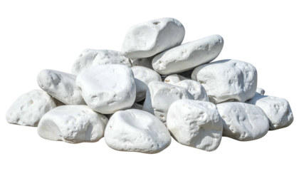 A pile of smooth, white, rounded rocks, isolated with a transparent background
