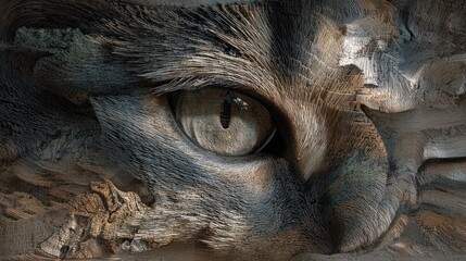 Dramatic close-up of a feline eye carved into stone, creating a textured, artistic display