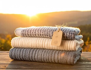 Knit sweaters stacked outdoors at sunset, tag