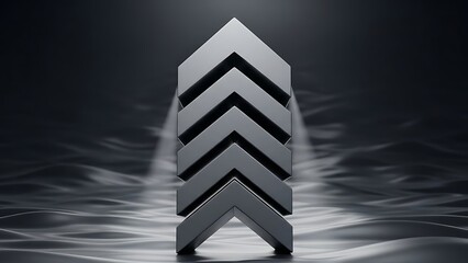 A silver arrow sculpture stands upright on a reflective surface surrounded by a dramatic spotlight effect