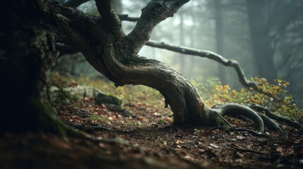 Obraz premium Twisted tree on hillside with fallen leaves, soft focus, foggy forest background