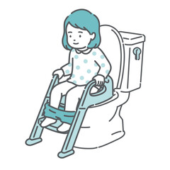 補助便座とステップを使ってトイレトレーニングをする女の子のイラスト（トイトレ・成功）