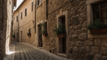 Fototapeta premium Narrow Cobblestone Alleyway Lined with Old Stone Buildings.