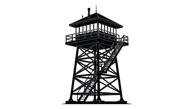Black silhouette of a watchtower with a staircase and railing on a isolated on white background