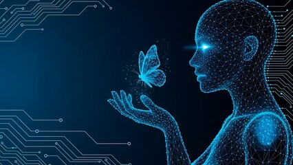 A futuristic humanoid robot interacting with a butterfly in a digital environment