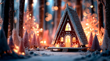 Gingerbread dream home nestled in a wintry wonderland forest