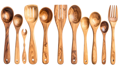 Ten wooden kitchen utensils, spoons, and a fork, lined up on black, studio lighting