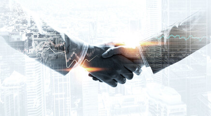 business partnership handshake with digital technology overlay