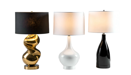 Three decorative table lamps, each unique in base and shade style, against a black background
