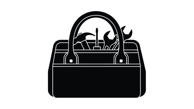 Black silhouette of a tool bag with handle and tools inside flat design isolated on white background