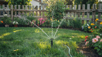 A sprinkler waters a freshly trimmed backyard