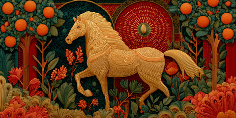 Golden horse gallops through a fantastic chinese new year celebration, amid tangerine trees and radiant lantern fireworks