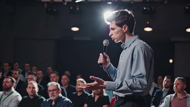 Male Asking a Question to a Speaker During a Q and A Session at an International Tech Conference in a Auditorium. Young Specialist Expressing an Opinion During a Global Business