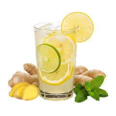 Refreshing glass of lemon ginger drink with mint and ice cubes on black background