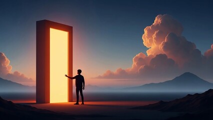 Silhouette Figure Reaching Toward Glowing Portal in Surreal Landscape