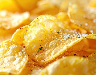 Close-up, golden chips. Salt & pepper. Tasty snack appeal