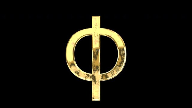 Gold Greek lowercase alphabet &ldquo;&phi;&rdquo;, light reflecting and patterns shifting, alpha channel