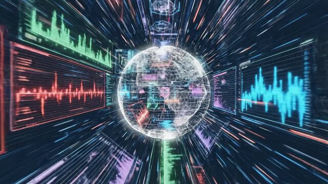 Fast-paced abstract motion graphics collage featuring layered technological elements like glowing holographic screens and rapidly compiling geometric data graphs system, background, internet