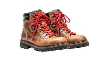 Pair of brown leather boots with red laces on transparent background