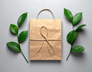 Brown paper bag, tied twine, with green leaves