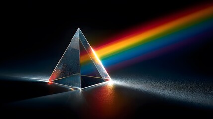 Triangular glass prism refracting a beam of light into a vibrant rainbow spectrum on a dark background to highlight the colors clearly.