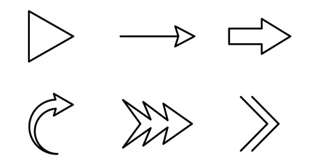 Arrows icon. Set of six outline arrows symbolizing direction, playback, fast forward, turn, or next element. Black outline lines. Vector illustration.