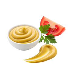 Delicious yellow mustard in a white bowl with tomato and parsley