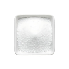White crystalline powder in a small square bowl on black background