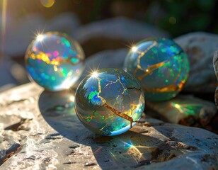 Kintsugi spheres sparkle on stone with golden cracks