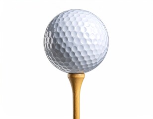 White dimpled golf ball sits atop a wooden tee