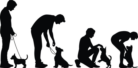 Obraz premium Silhouette Sequence Of Person Interacting With Small Dog On White Background puppy animal