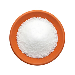 White crystalline powder in small orange bowl on black background
