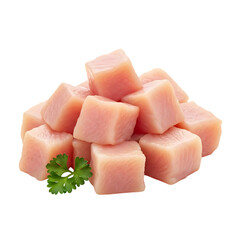Fresh chunks of pink fish fillet with parsley on black background