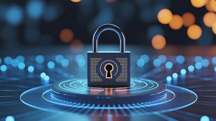 A sleek dark blue padlock stands prominently on a circular platform amidst a vibrant blurred digital background high quality