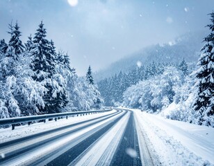 Road covered in snow with trees on both sides and falling snowflakes in a winter scene