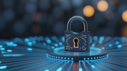 A digital padlock illuminated with glowing blue light rests on a pedestal within a network of flowing data streams