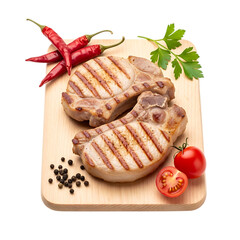 Grilled pork chops on wooden cutting board with spices