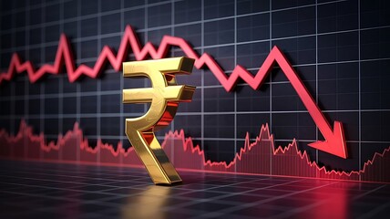 A golden indian rupee symbol stands prominently against a backdrop of declining red stock market chart lines illustrating financial downturn