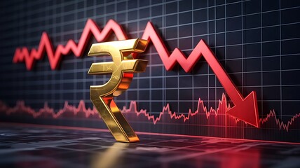 A dramatic visualization depicts a falling red line graph alongside a golden indian rupee symbol signifying economic downturn