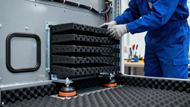 Medium shot of a technician adjusting layered acoustic absorbers inside a machine compartment emphasizing noise reduction strategies in mechanical settings