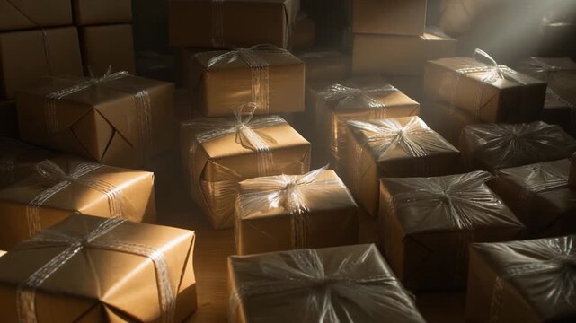 Stacked Brown Shipping Boxes with Light Rays - Commercial Lifestyle, Logistics, and Delivery